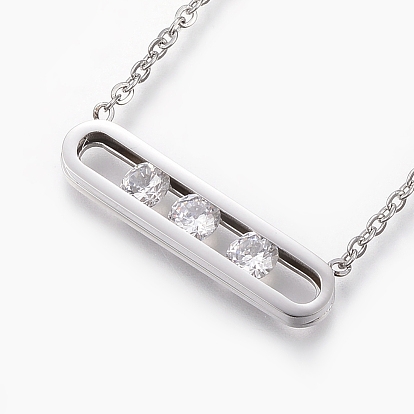 304 Stainless Steel Pendant Necklaces, with Cubic Zirconia and Lobster Claw Clasps, Cable Chains, Rectangle