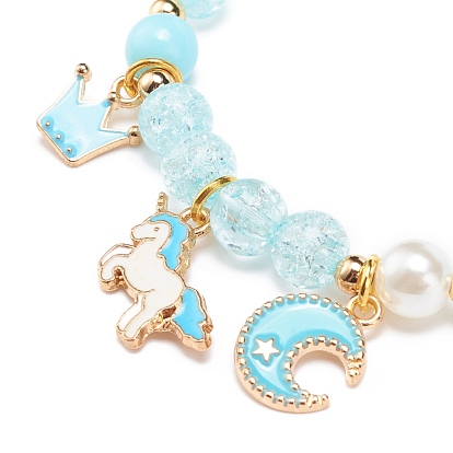 Bracelet extensible imitation perle acrylique, alliage émail licorne couronne lune bracelet à breloques pour femme