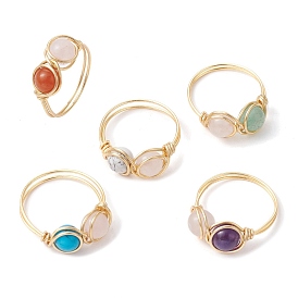 Natural & Synthetic Mixed Gemstone Braided Bead Style Finger Ring, Golden Copper Wire Wrap Ring for Women