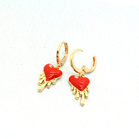 Punk Style Metal Oil Drop Red Heart Earrings with Zircon Waterdrop Shape for Women