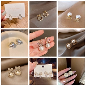 Alloy Rhinestone Earrings for Women, with Imitation Pearl Beads and 925 Sterling Silver Pin