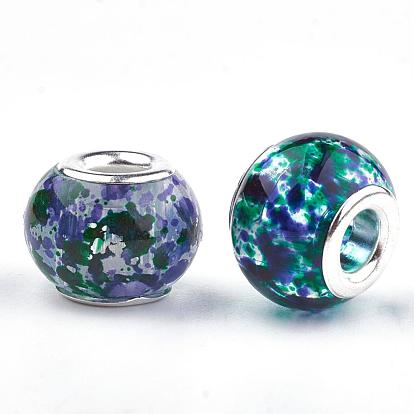 Perles européennes en verre, Perles avec un grand trou   , avec noyaux en laiton plaqué couleur argent, rondelle