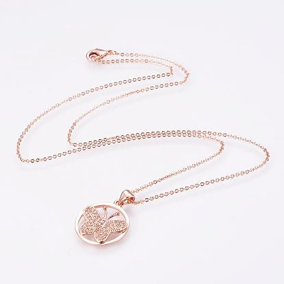 Brass Micro Pave Cubic Zirconia Pendant Necklaces, with Brass Cable Chains, Flat Round with Butterfly