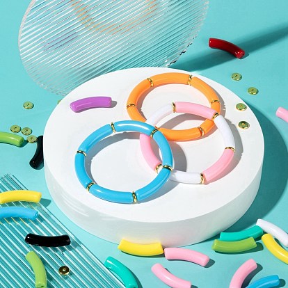 DIY Jewelry Making Kits, Including Curved Tube Opaque Acrylic Beads, Disc Brass Spacer Beads and Elastic Crystal Thread