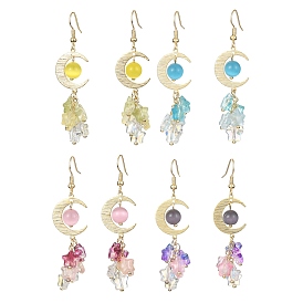 4 Pair 4 Color Glass Star Dangle Earrings, Golden Brass Moon Long Drop Earrings for Women