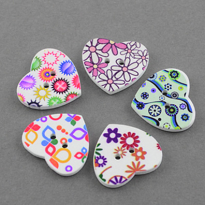 Wood Buttons, Lead Free, Single Side, Heart, 22x25x2.5mm, Hole: 2mm