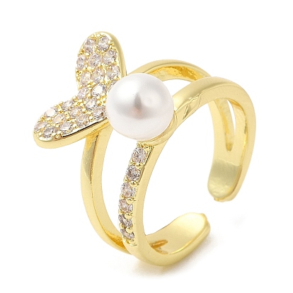 Rack Plating Brass Heart Open Cuff Ring with Cubic Zirconia, Plastic Pearl Beaded Ring for Women, Cadmium Free & Lead Free