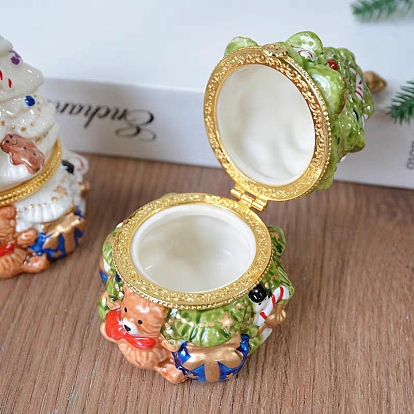 Porcelain Christmas Tree Decorative Hinged Jewelry Trinket Box, for Home Decoration