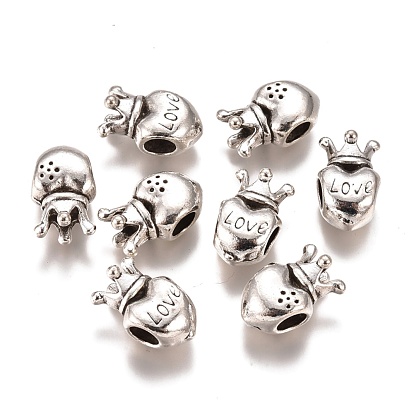 Tibetan Style Alloy European Beads for Valentine's Day, Large Hole Beads, Heart with Word Love & Crown