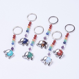 Natural/Synthetic Gemstone Chakra Keychain, with Mixed Stone and Platinum Plated Brass Key Findings, Elephant