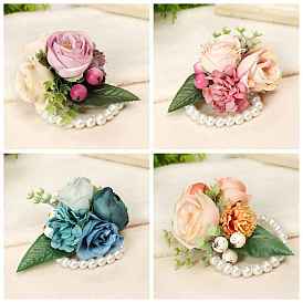 Cloth Flower Wrist Corsage, Plastic Imitation Pearl Beads Hand Flower for Bride or Bridesmaid, Wedding, Party Decorations