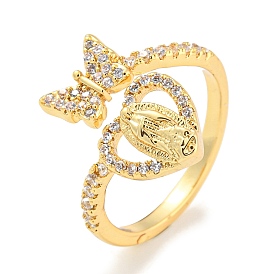 Butterfly & Heart Brass Micro Pave Cubic Zirconia Open Cuff Rings, Long-Lasting Plated, Cadmium Free & Lead Free