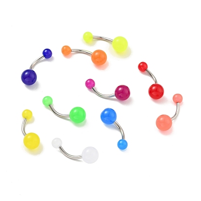 10Pcs Luminous Acrylic Round Beaded Curved Barbell, 304 Stainless Steel Glow In The Dark Piercing Navel Ring for Women