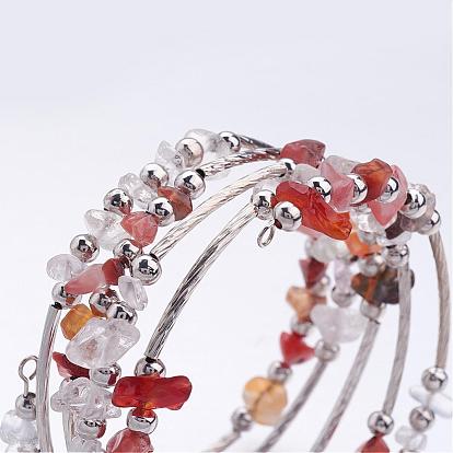 Cinq boucles wrap pierres précieuses perles bracelets, avec des copeaux de perles de cristal et de fer perles d'espacement