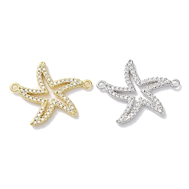 Rack Plating Brass Micro Pave Clear Cubic Zirconia Connector Charms, Starfish Links, Long-Lasting Plated, Lead Free & Cadmium Free
