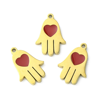 Ion Plating(IP) 304 Stainless Steel Manual Polishing Charms, with Enamel, Hamsa Hand/Hand of Miriam with Heart