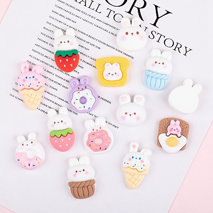 Easter Rabbit Theme Opaque Resin Cabochons, Rabbit/Strawberry/Basket/Donut/Ice Cream/Food Pattern