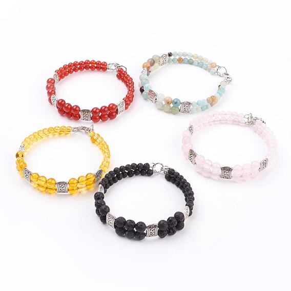 Natural Gemstone Beads Multi-Strand Bracelets, with Tibetan Style Alloy Links, Steel Memory Wire and Brass Findings