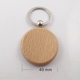 Undyed Wooden Keychains, with Zinc Alloy Findings, Flat Round
