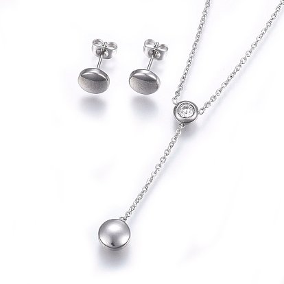 304 Stainless Steel Jewelry Sets, Necklaces and Stud Earrings, with Rhinestone, Flat Round