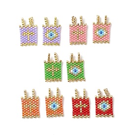2Pcs 2 Style Handmade MIYUKI Japanese Seed Loom Pattern Seed Beads, Rectangle with Cross & Eye Pendants