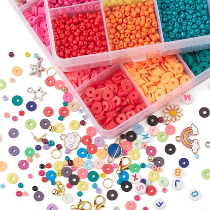 Kit de fabricación de conjunto de joyas de semillas y cuentas heishi diy, incluyendo disco de arcilla polimérica y semilla de vidrio y plástico abs y cuentas acrílicas, Encantos de aleación y colgantes y cierre, hilo elástico