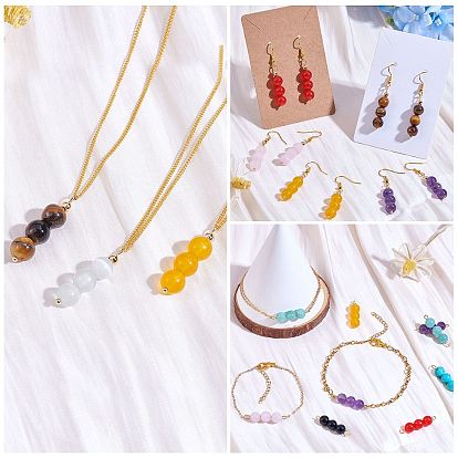 10Pcs Triple Gemstone Round Beaded Connector Charms, with Golden 304 Stainless Steel Ball Head Pins & Iron Eye Pin & Brass Beads