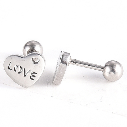 201 Stainless Steel Barbell Cartilage Earrings, Screw Back Earrings, with 304 Stainless Steel Pins, for Valentine's Day, Heart with Word Love