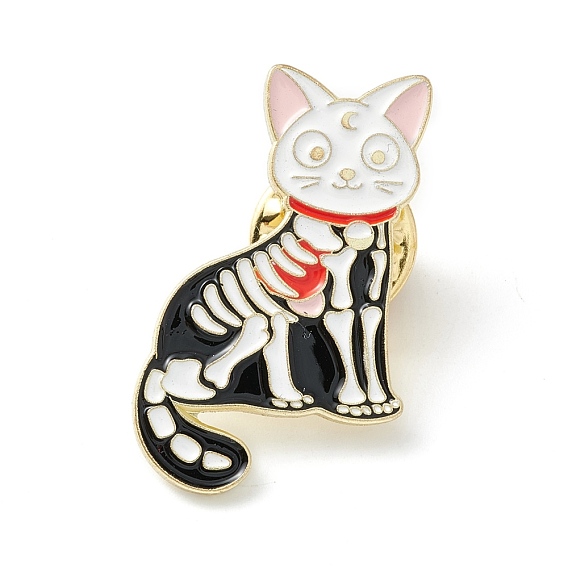 Pin de esmalte de gato esqueleto, broche de aleación de halloween para ropa de mochila, la luz de oro