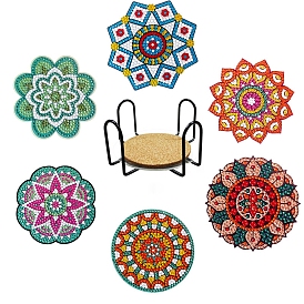 Mandala Flower Pattern DIY 5D Diamond Painting Cup Mat Kits, including Acrylic Coaster, Iron Holder, Rhinestone Bag, Sticky Pen, Glue Clay, Tray