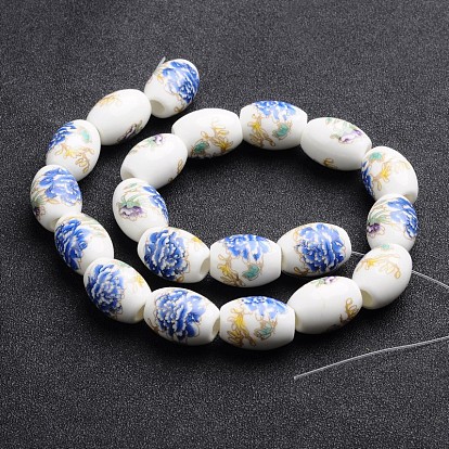 Flower Printed Handmade Porcelain European Beads, Large Hole Barrel Beads, 20x15mm, Hole: 5mm