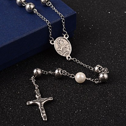 Crucifix Cross 304 Stainless Steel Rosary Bead Necklaces, For Easter, 42.5 inch~44.1 inch(108~112cm)