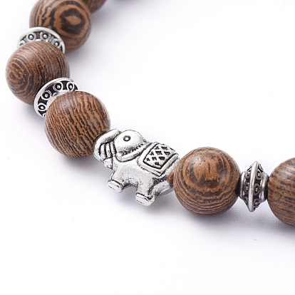 Stretch Bracelets, with Natural Wood Beads and Tibetan Style Alloy Beads, Elephant