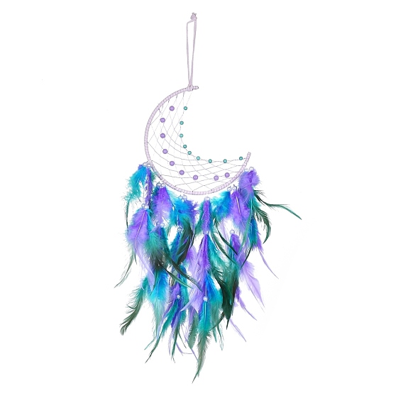 Toile/filet tissé en fer avec des décorations de pendentifs en plumes, avec des billes en plastique, croissant de lune