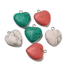 Synthetic Turquoise Pendants, Heart Charms with Platinum Tone Iron Loops, Mixed Dyed and Undyed