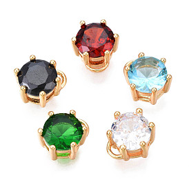 Brass Inlaid Cubic Zirconia Charms, Real 18K Gold Plated, Flat Round, Cadmium Free & Nickel Free & Lead Free