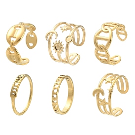 6Pcs 6 Style Star & Moon & Coffee Bean 304 Stainless Steel Finger Ring Sets for Women
