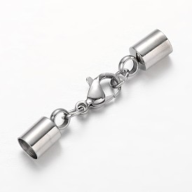 304 Stainless Steel Lobster Claw Clasps, with Column Cord Ends, 38mm, Hole: 5mm