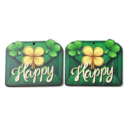 Saint Patrick's Day Single Face Printed Wood Pendants, Envelope Charms with Clover