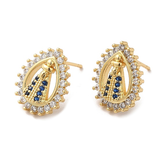 Teardop with Saint Cubic Zirconia Stud Earrings, Rack Plating Brass Jewelry for Women, Lead Free & Cadmium Free