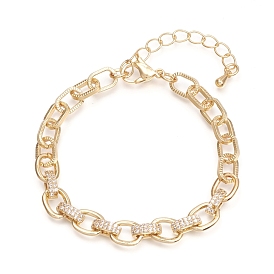 Brass Cable Chains Bracelets, with Clear Cubic Zirconia and Lobster Claw Clasps, Textured, Long-Lasting Plated