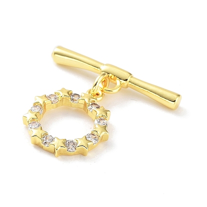 Rack Plating Brass Micro Pave Clear Cubic Zirconia Toggle Clasps, Star Ring, Cadmium Free & Lead Free, Long-Lasting Plated