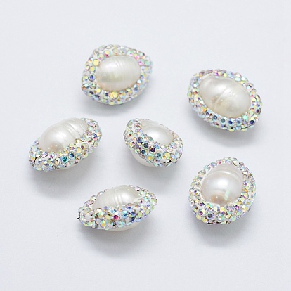 Perlas naturales perlas de agua dulce cultivadas, con diamantes de imitación de arcilla polimérica, oval