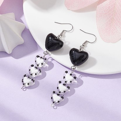 Acrylic & Glass Heart with Enamel Dangle Earrings, 304 Stainless Steel Long Drop Earrings