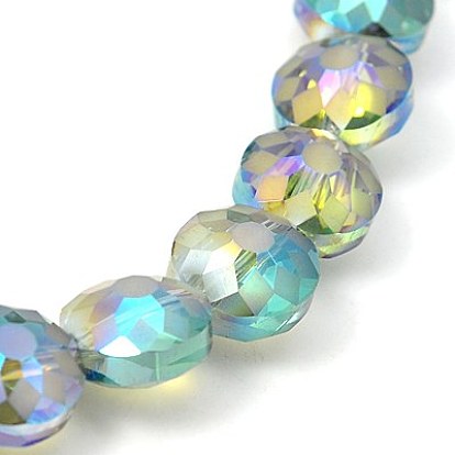 Electorplated Glass Beads, Rainbow Plated, Faceted, Flat Round, 14x9mm, Hole: 1mm