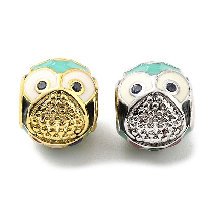 Rack Plating Brass Micro Pave Cubic Zirconia European Beads, with Enamel, Large Hole Beads, Lead Free & Cadmium Free, Owl