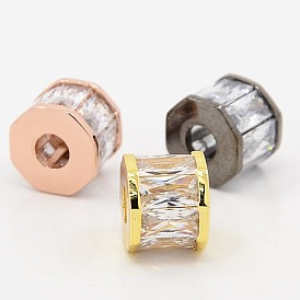 Clear CZ Jewelry Findings Brass Micro Pave Cubic Zirconia Beads, Grade AAA, Lead Free & Cadmium Free & Nickel Free, Octagonal Cylinder, 8x9x9mm, Hole: 3mm