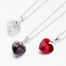Glass Pendants Necklaces, with Brass Chains, Faceted Heart, Silver Color Plated