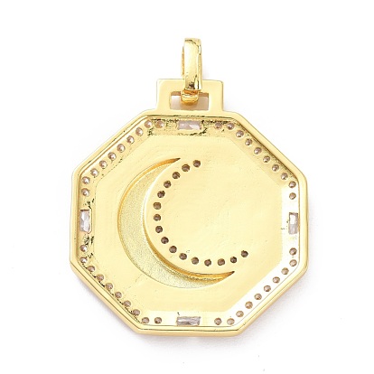 Brass Micro Pave Cubic Zirconia Pendants, with Enamel, Octagon with Moon & Star
