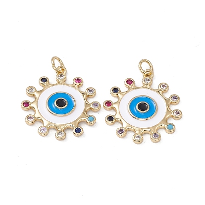 Brass Colorful Cubic Zirconia Pendants, with Jump Ring, Sun with Enamel Eye Charms